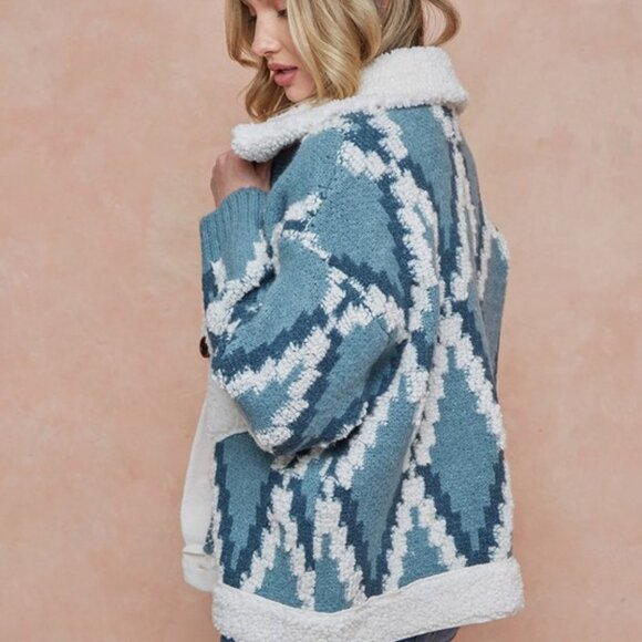 Shop_Fig Sweaters - New Quilted Cardigan Sweater Coat / Women's Shacket Blue Western Boho Jacket